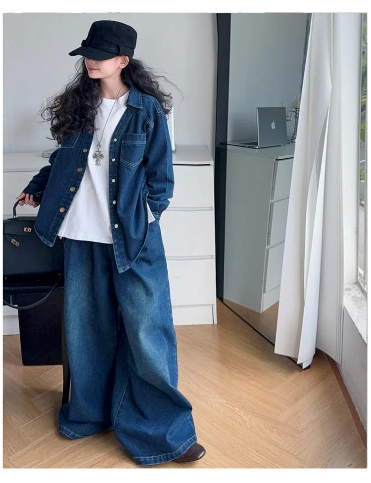 Costume de vêtements en denim pour adolescentes, design français, chemise en jean irrégulière + jean
