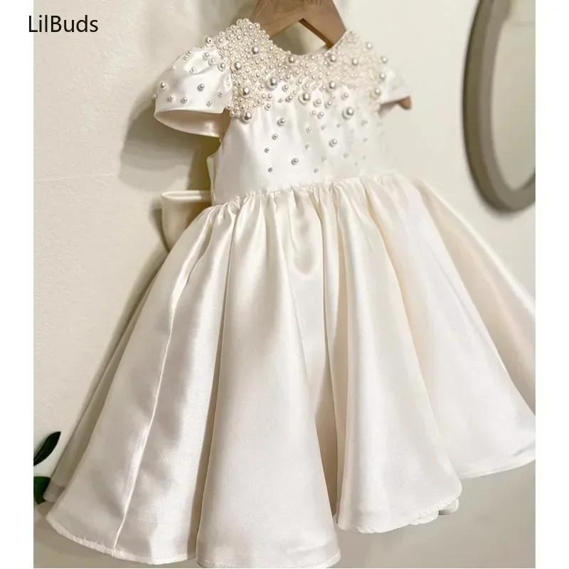 Robe en satin blanc faite à la main pour bébé fille, élégante et mignonne, pour fêtes, mariages, vêt