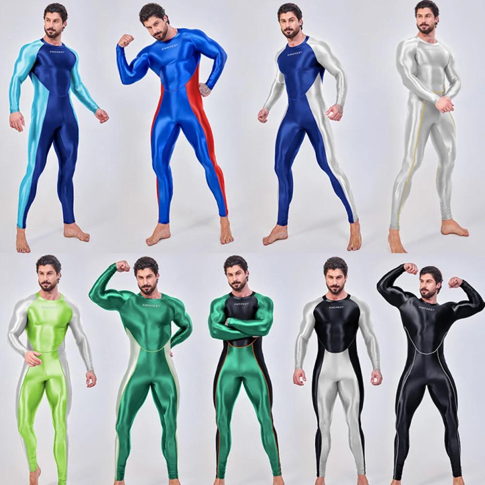 AMORESY hommes lisse pleine longueur survêtements une pièce collants combinaisons Spandex course bar