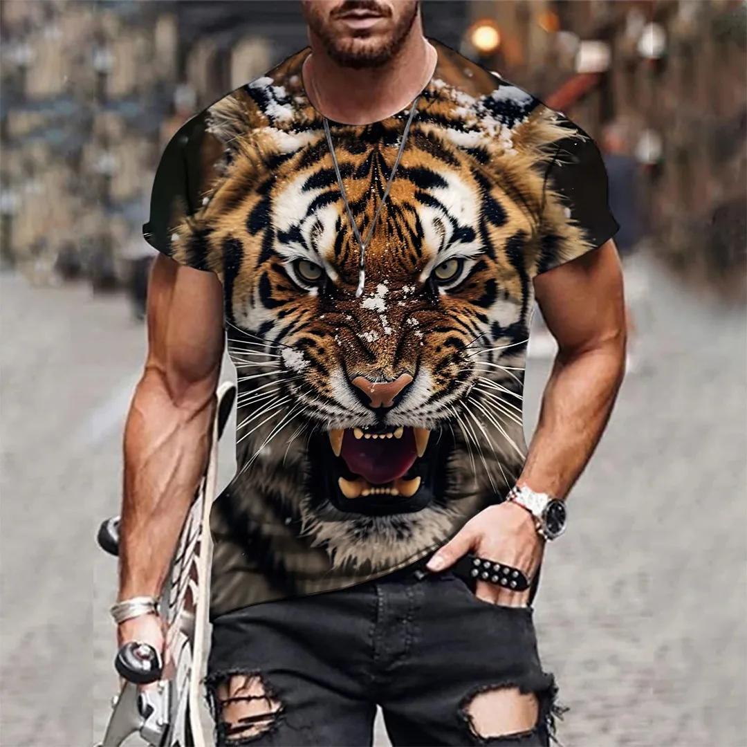T-shirt à manches courtes et col rond pour hommes, imprimé tigre 3D, respirant, extensible, décontra