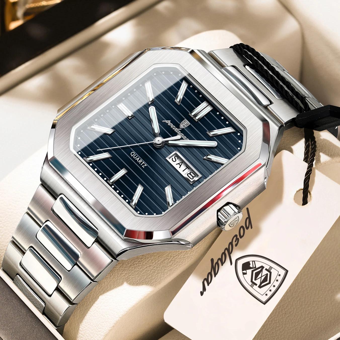 POEDAGAR affaires homme montre étanche lumineux Date semaine classique montres pour hommes en acier 