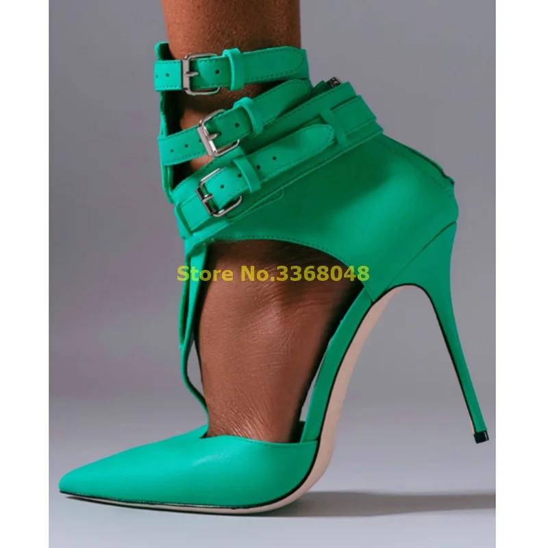 Escarpins à lanières en T en cuir vert, talon aiguille fin, chaussures provoqué sexy et pointues, mo