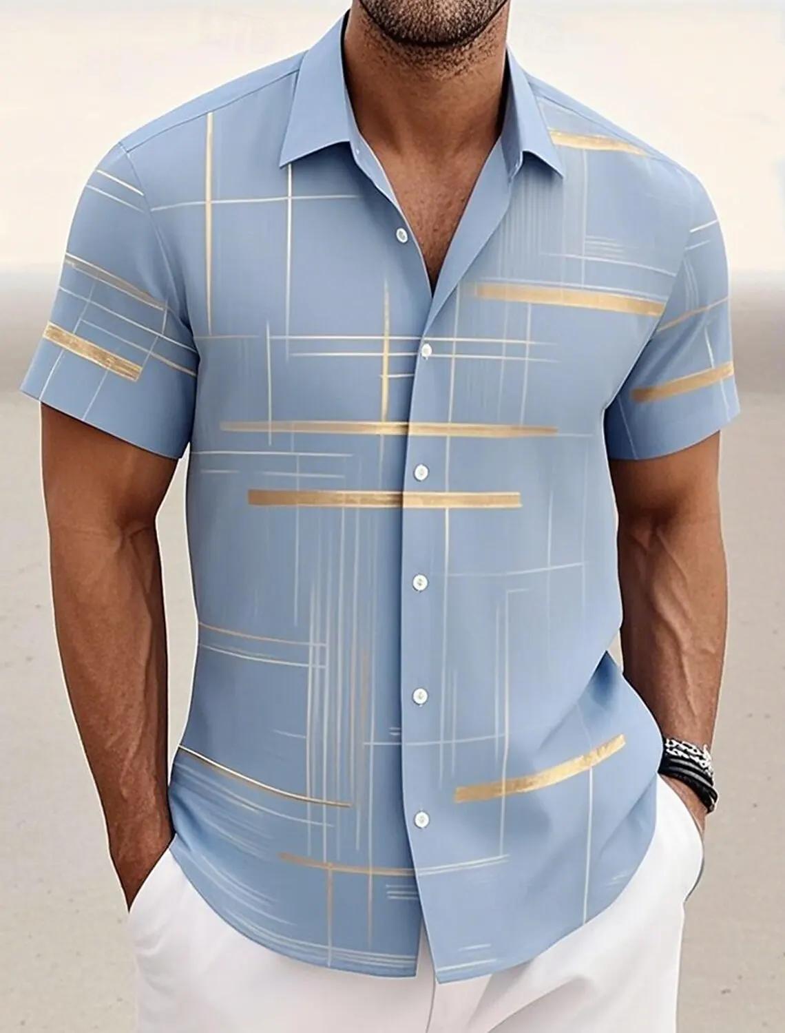 Chemises d'été à carreaux à grille géométrique pour hommes, chemise hawaïenne à manches courtes raba