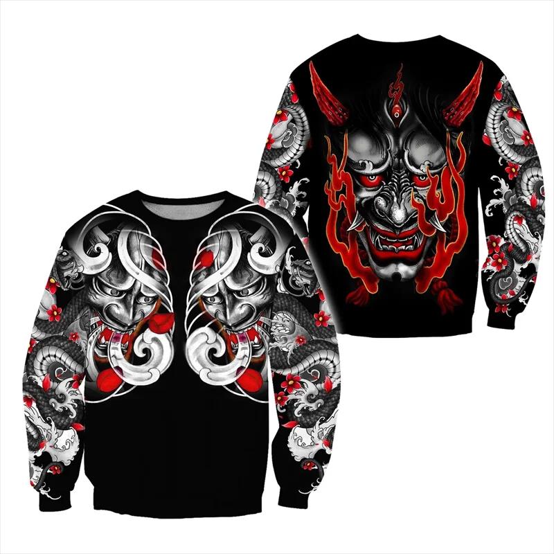 Sweat-shirt imprimé avec masque de mythologie japonaise, vêtements pour hommes, pull de rue Harajuku