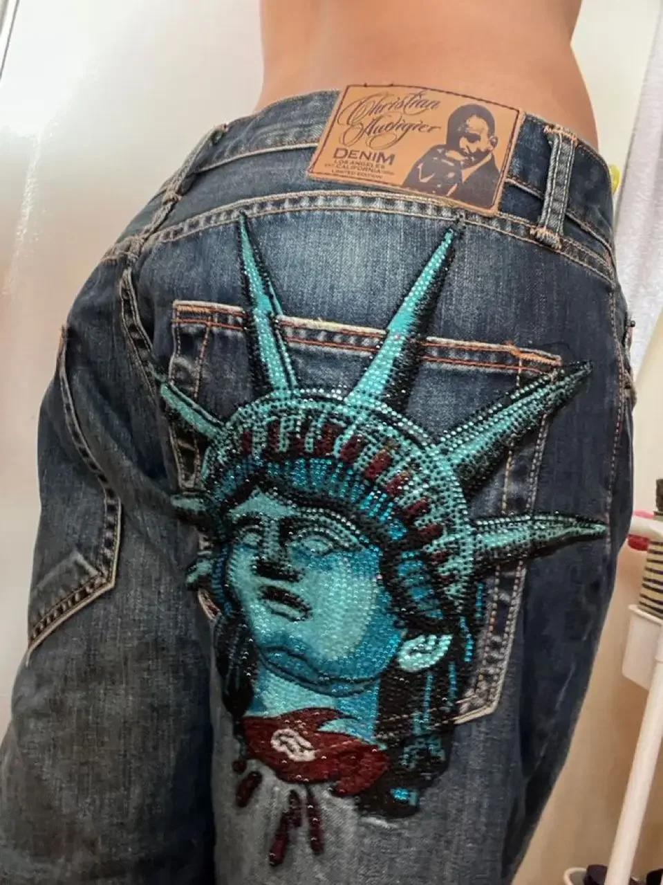 Jeans larges Harajuku Y2K à motifs diamants, pantalon décontracté en denim des années 2000, jean dro