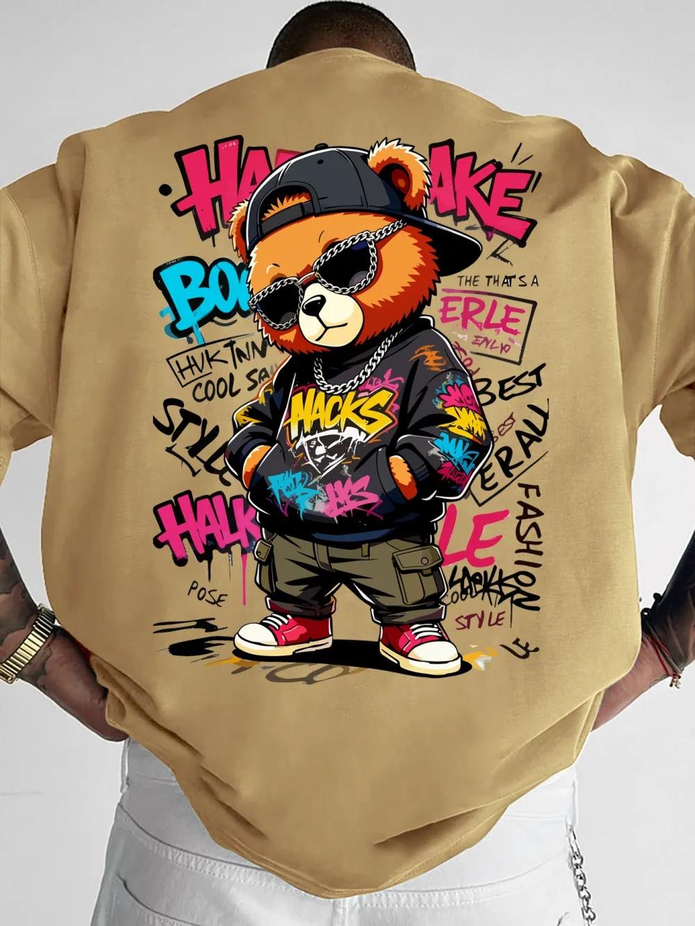 T-shirt à col rond pour hommes européens et américains, imprimé graffiti ours en peluche, confortabl