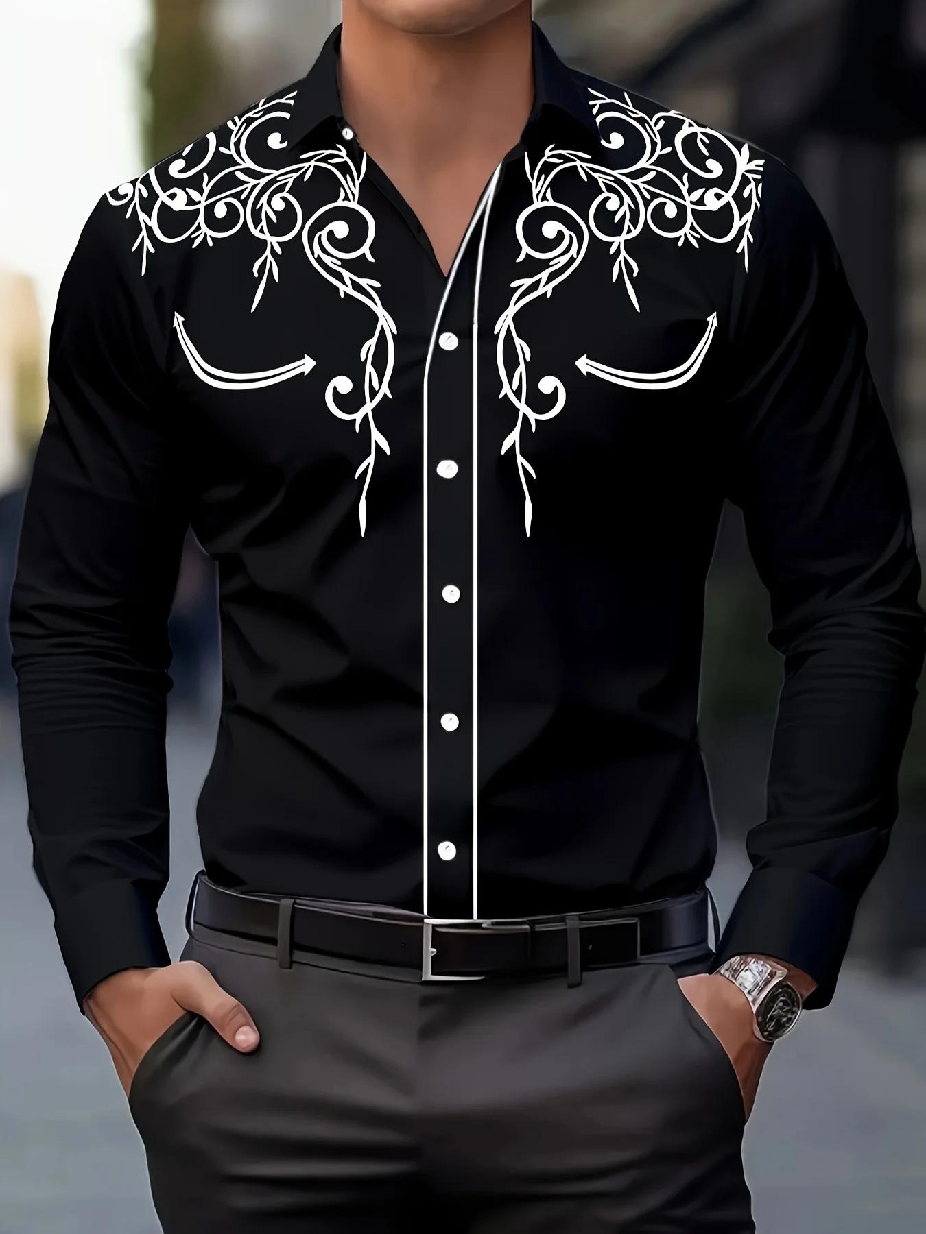 Chemise élégante à manches longues pour hommes, respirante et décontractée, boutonnée, vintage, prin