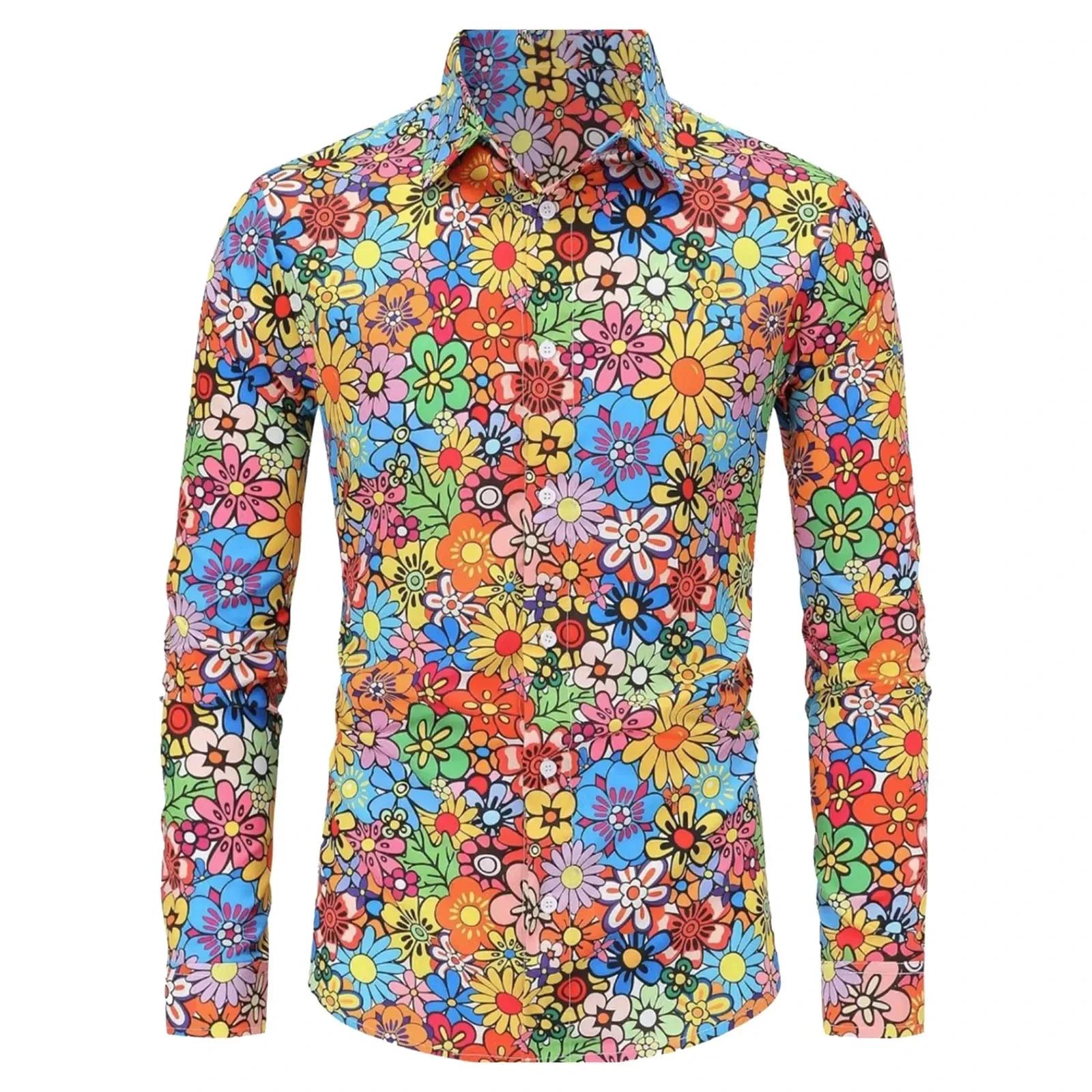 ​ Chemise Hippie d'été des années 70 pour hommes, haut décontracté à manches longues et boutons rétr