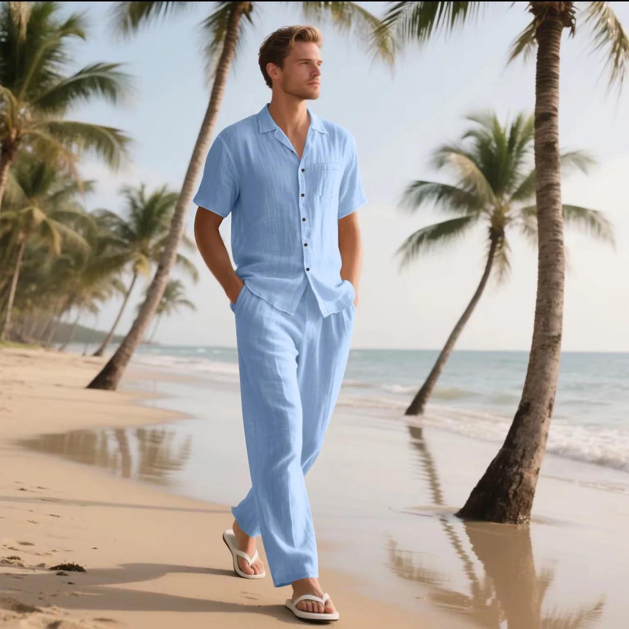 L'ensemble chemise à manches courtes en lin pour hommes Summer Beach de 2025 est un ensemble pantalo
