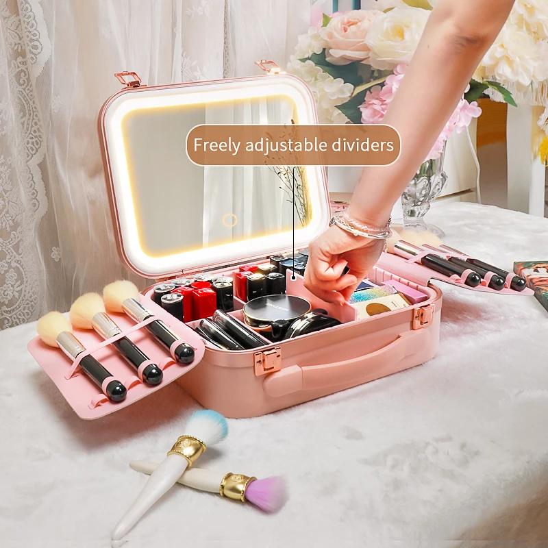 Boîte de rangement de maquillage portable avec lumière LED et miroir – Étui de train cosmétique adap