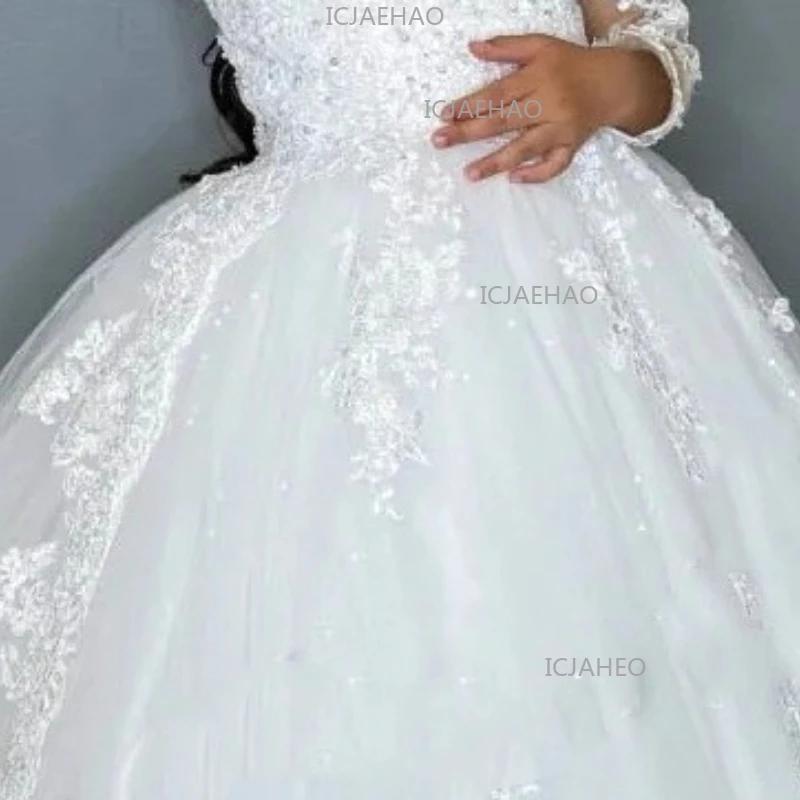 Robe de soirée blanche pour enfants 2026, style tutu à traîne, manches longues, pour spectacle, anni