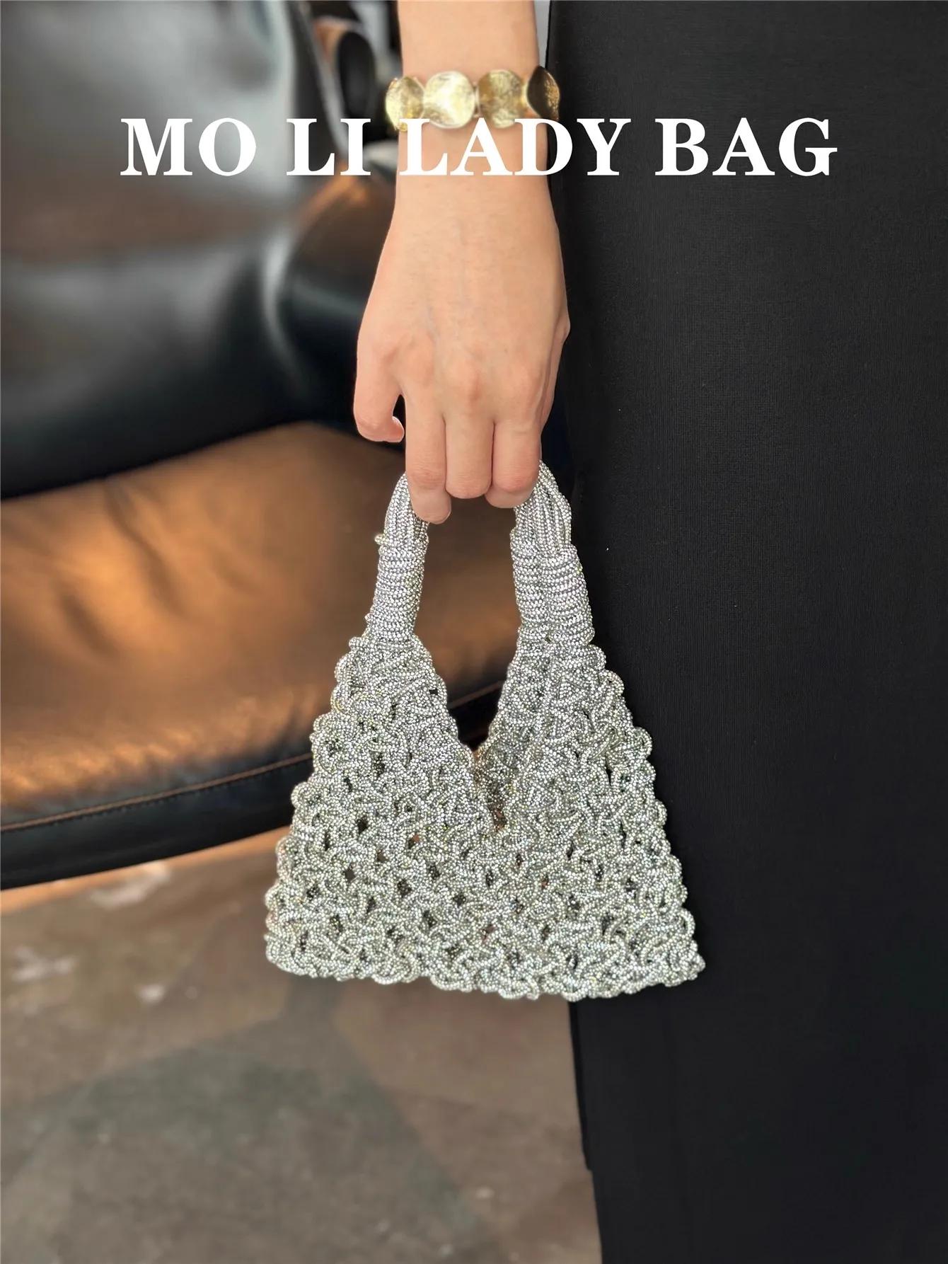 Sac seau de luxe tissé à la main avec corde à paillettes pour femmes, sac à main en diamant, pochett