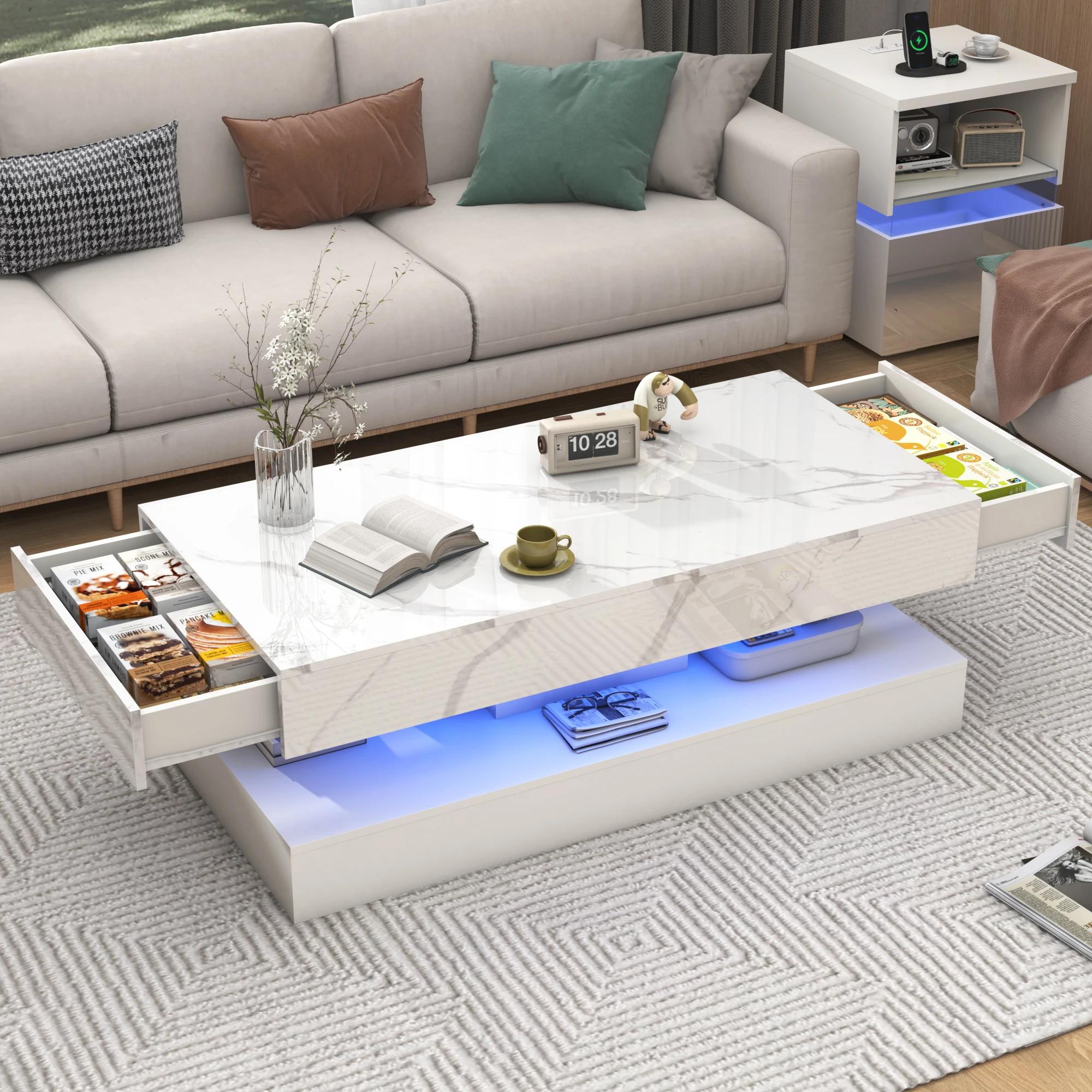 Table basse moderne avec lumières LED, table basse avec 2 rangements, design double couche, salon