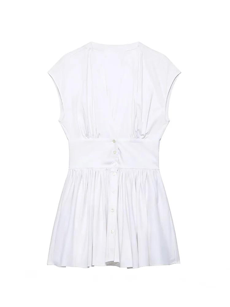 TFMLN Robe Courte Chemise Tendance pour Femme, Coupe Slim Décontractée, Manches Courtes, Col en V, B