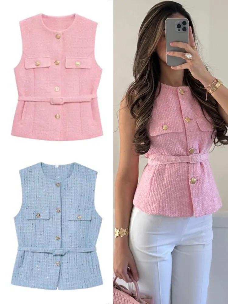 HH femmes élégant solide ceinture gilets hauts col rond bouton en métal sans manches gilet bureau vê