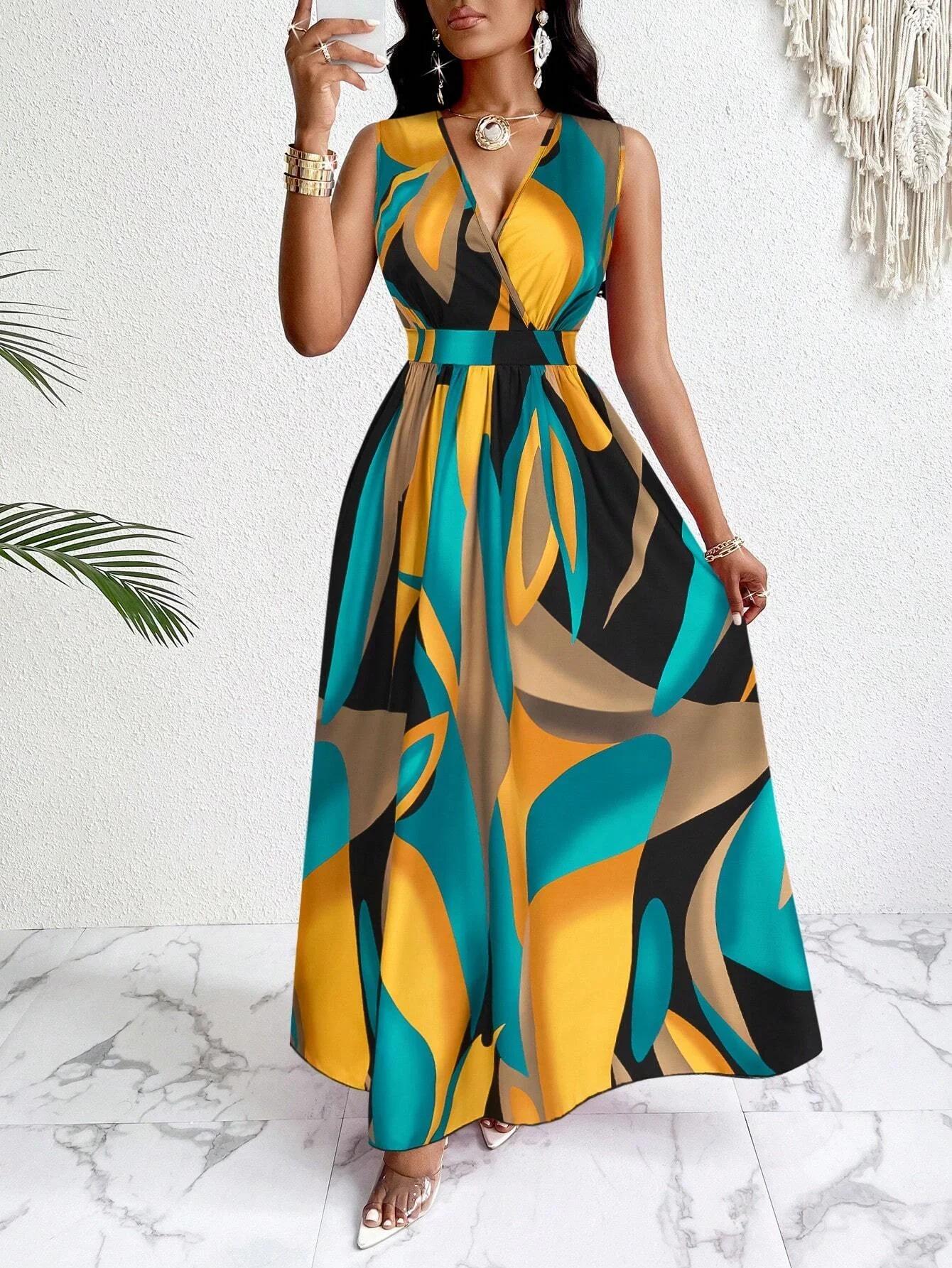 Robe femme sans manches, col en V, longueur au sol, avec imprimés abstraits, à la mode pour la plage