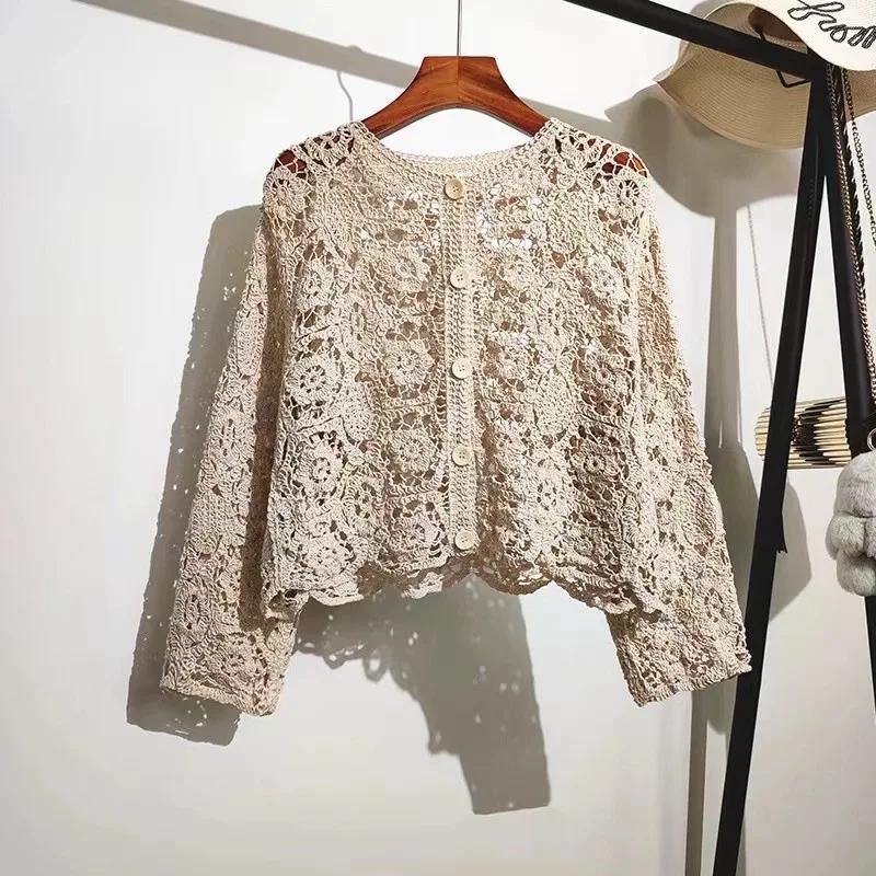 Manches longues Crochet haut en tricot plage Bikini couvrir boutonné Cardigan Blouse femmes blusas p