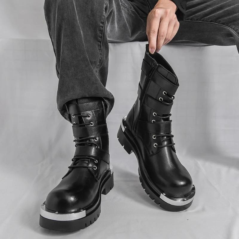 Bottes Chelsea pour hommes, couleur unie, semelle épaisse, hauteur augmentant, haut en métal, gros o