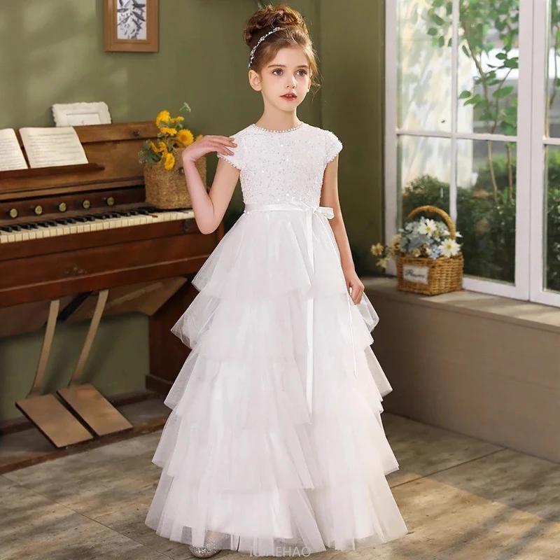 Robe de mariée blanche pour filles, tenue de princesse de spectacle pour enfants, Costume pour fête 
