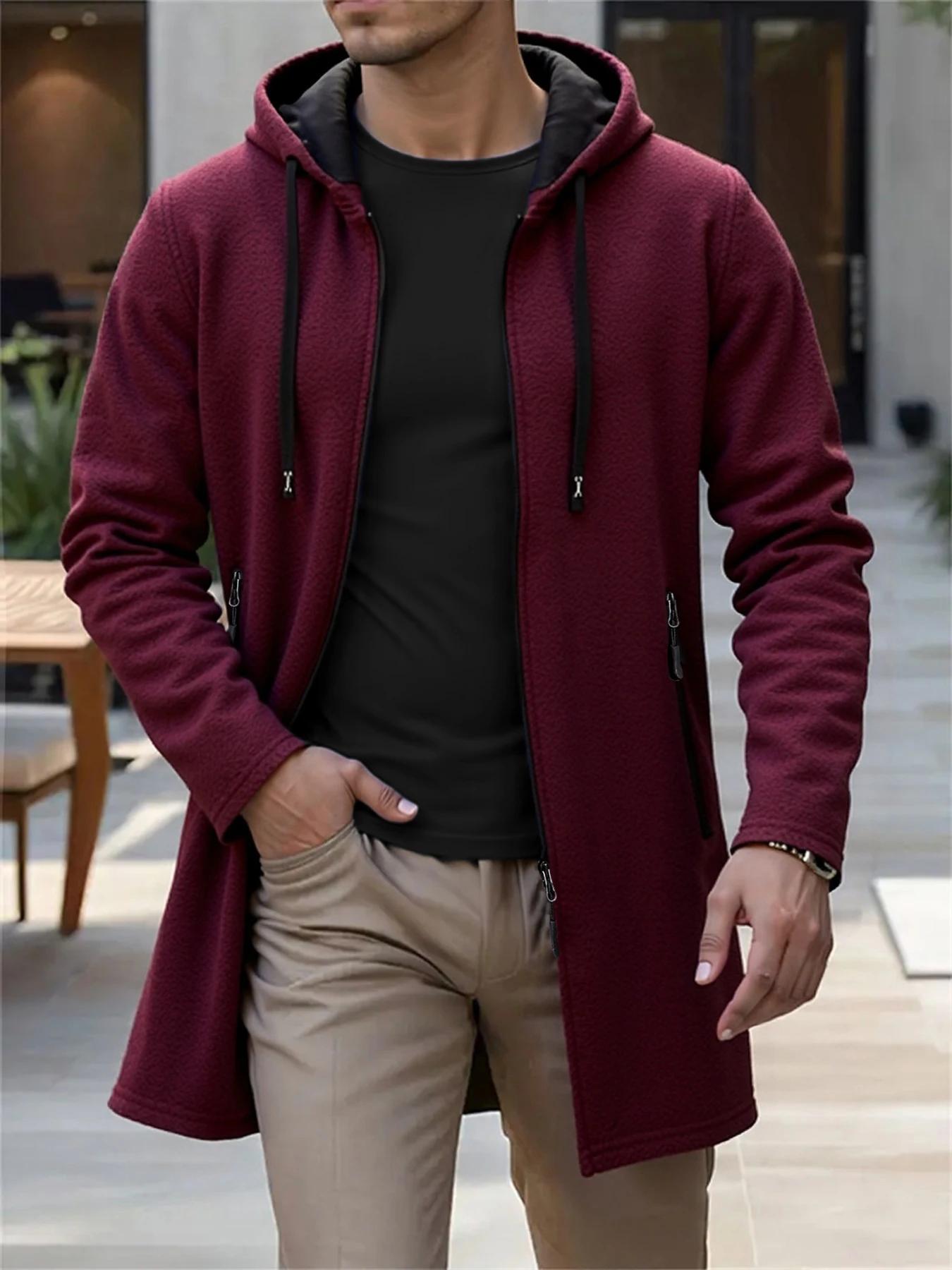 Printemps automne hommes vestes longues à capuche solide tricot Cardigan vêtements d'extérieur décon