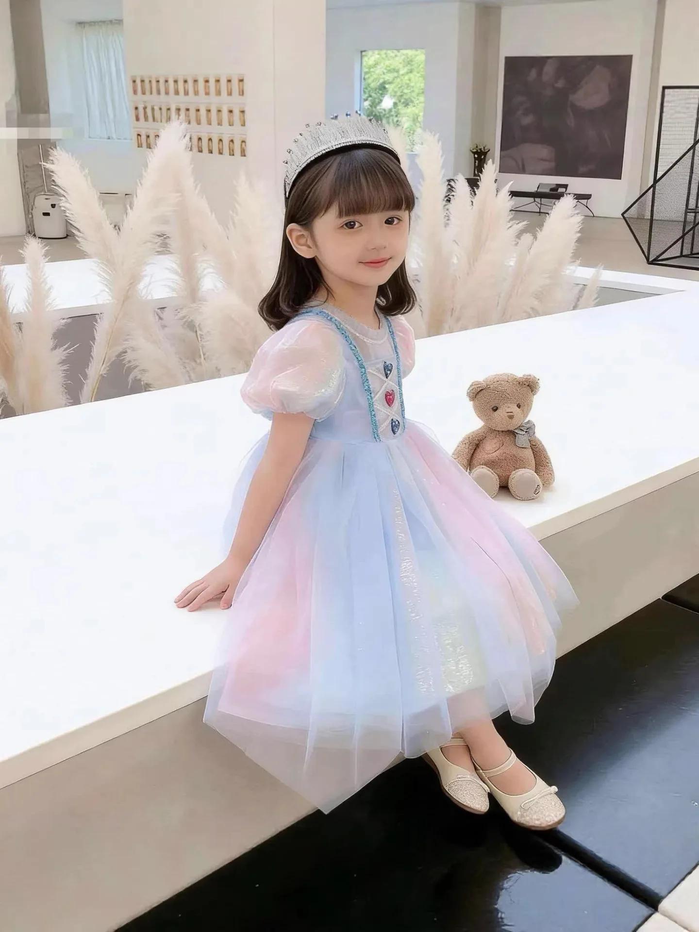 Robe en tulle dégradé arc-en-ciel inspirée d'Elsa pour filles, costume de princesse pour enfants, ét