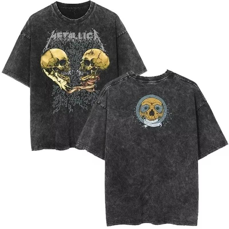 T-shirt unisexe à manches courtes Metallica style rock, motif punk urbain, 100 % coton, délavé, coll