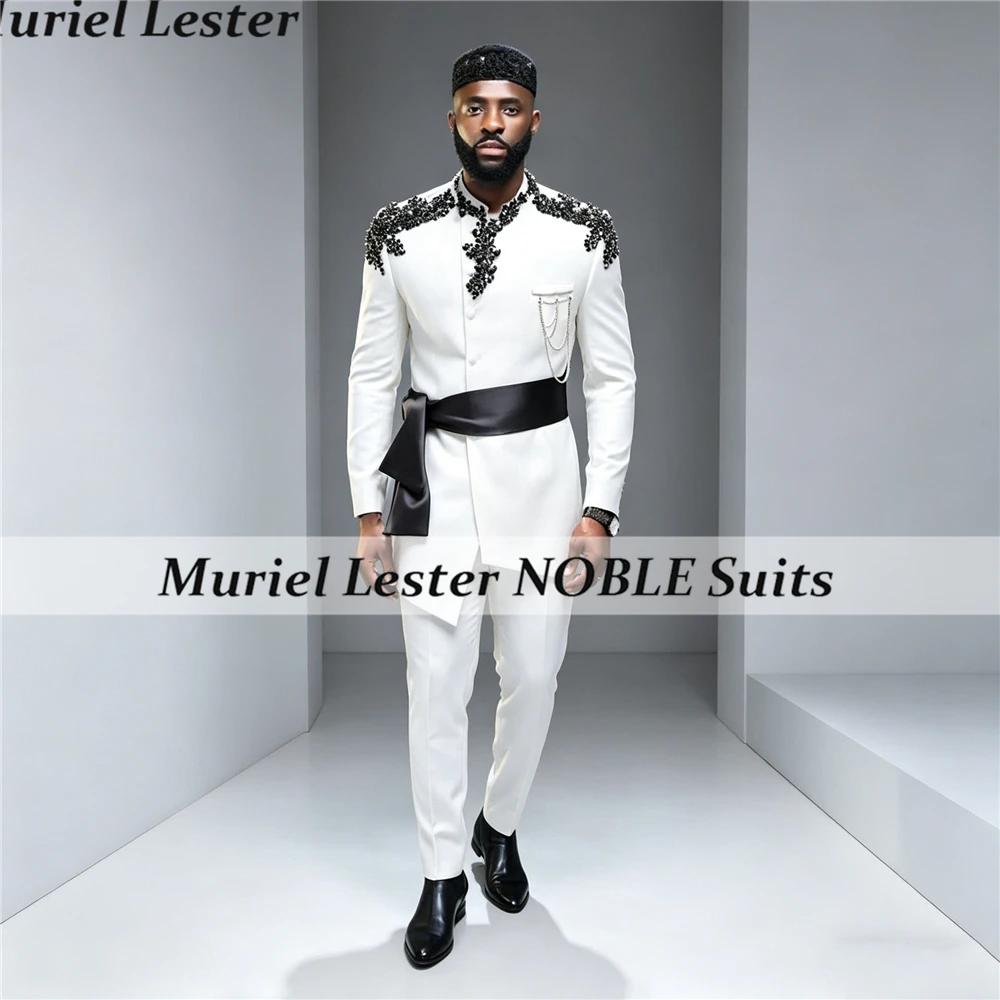 Costume de Mariage Exclusif pour Homme avec Appliques Perlées, Blazer et Pantalon 2 Pièces, Sur Mesu