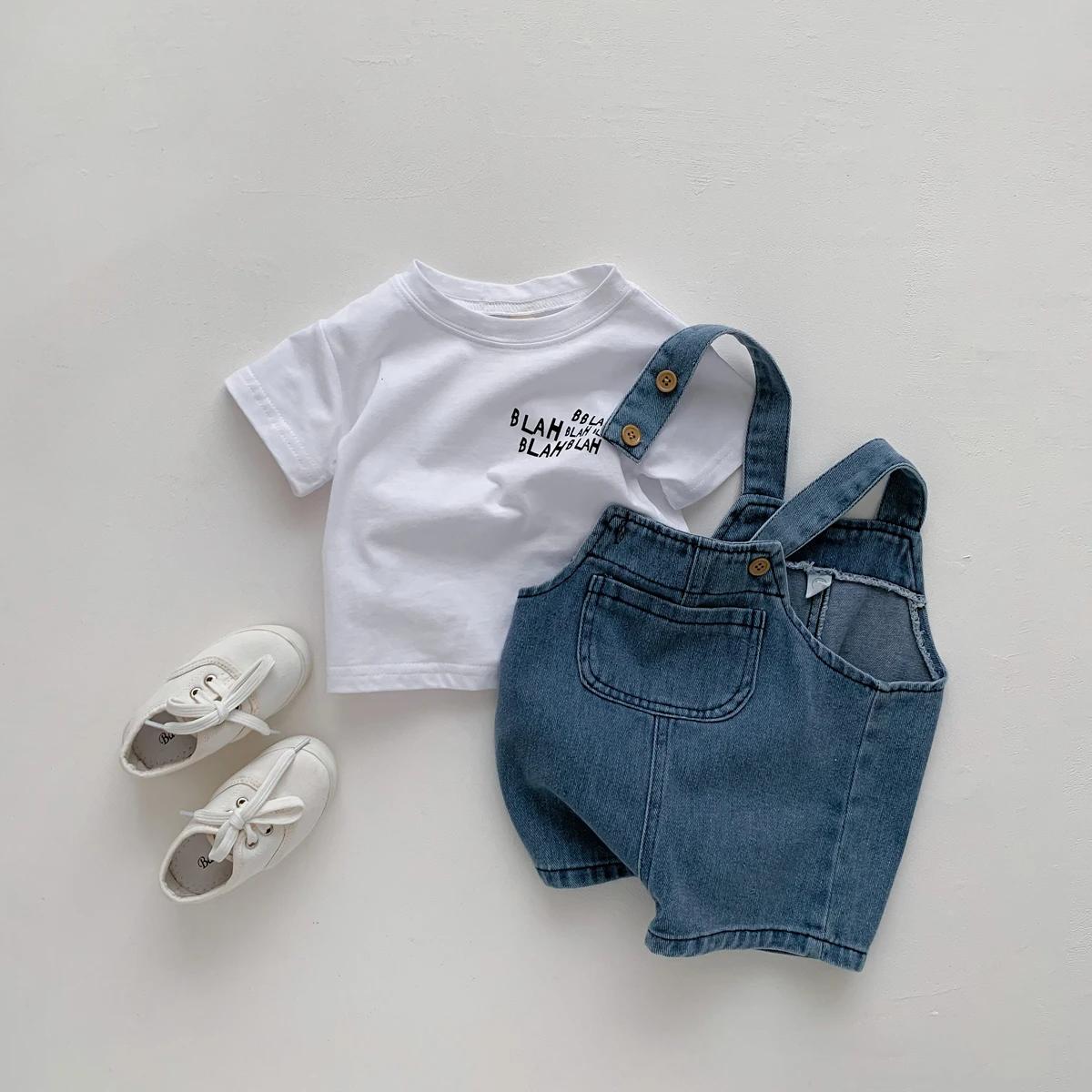 T-shirt en denim pour bébé fille et garçon, combinaison pour nouveau-né, ensemble 2 pièces