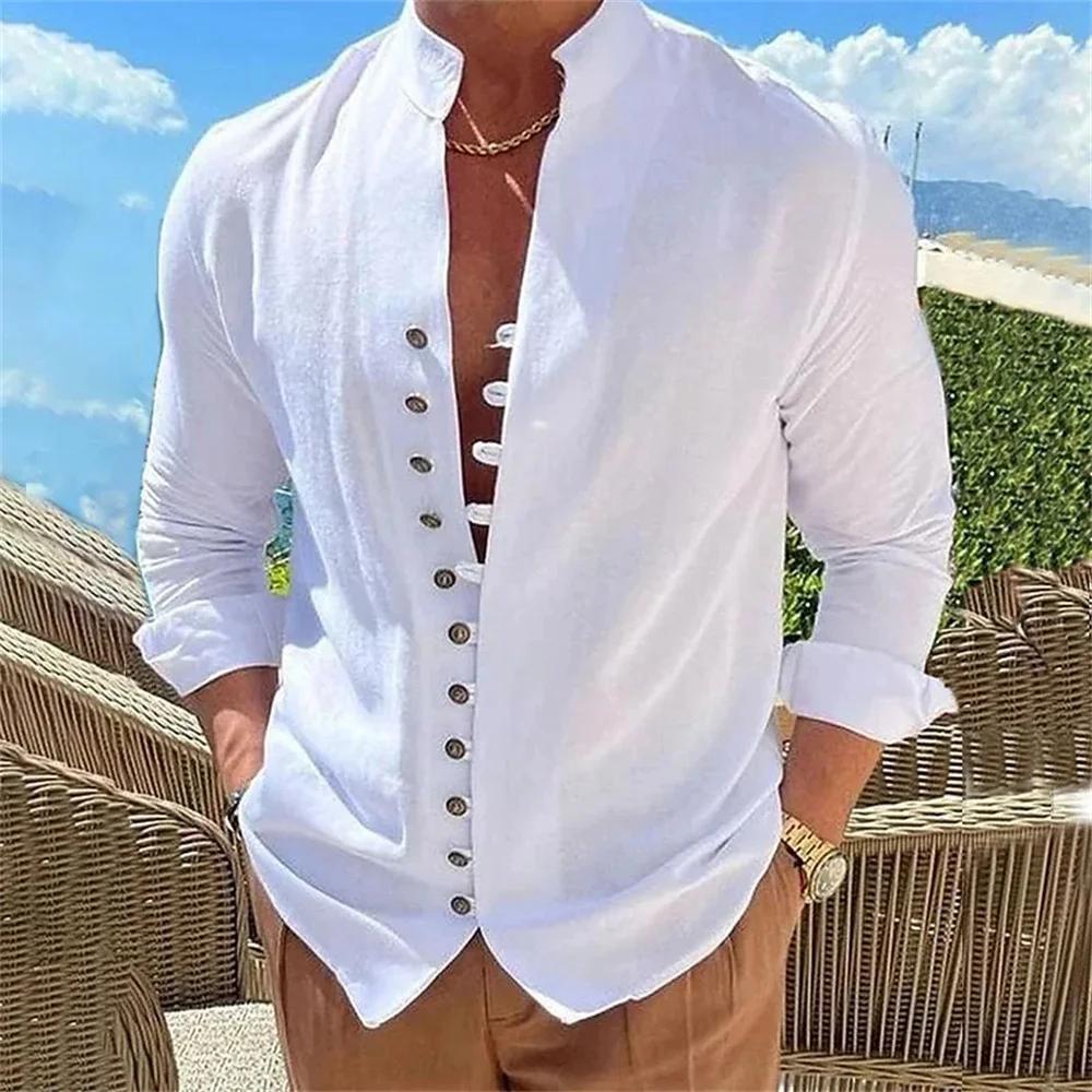 Chemise en coton et lin pour hommes, chemises à manches longues, couleur unie, boutonnée, Style déco