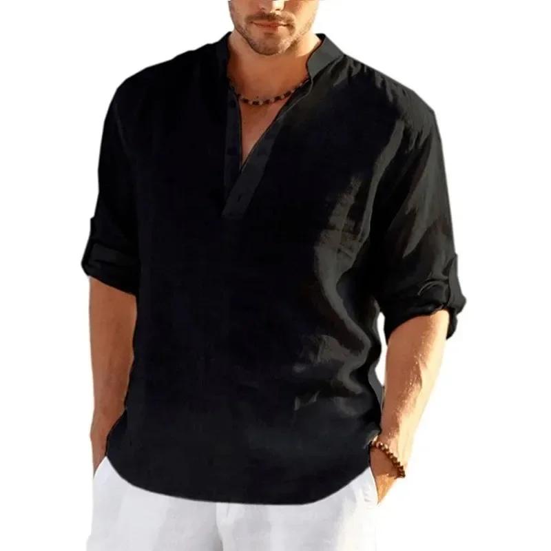 T-shirt à manches longues en lin pour hommes, chemise en coton respirant, streetwear léger, chemises
