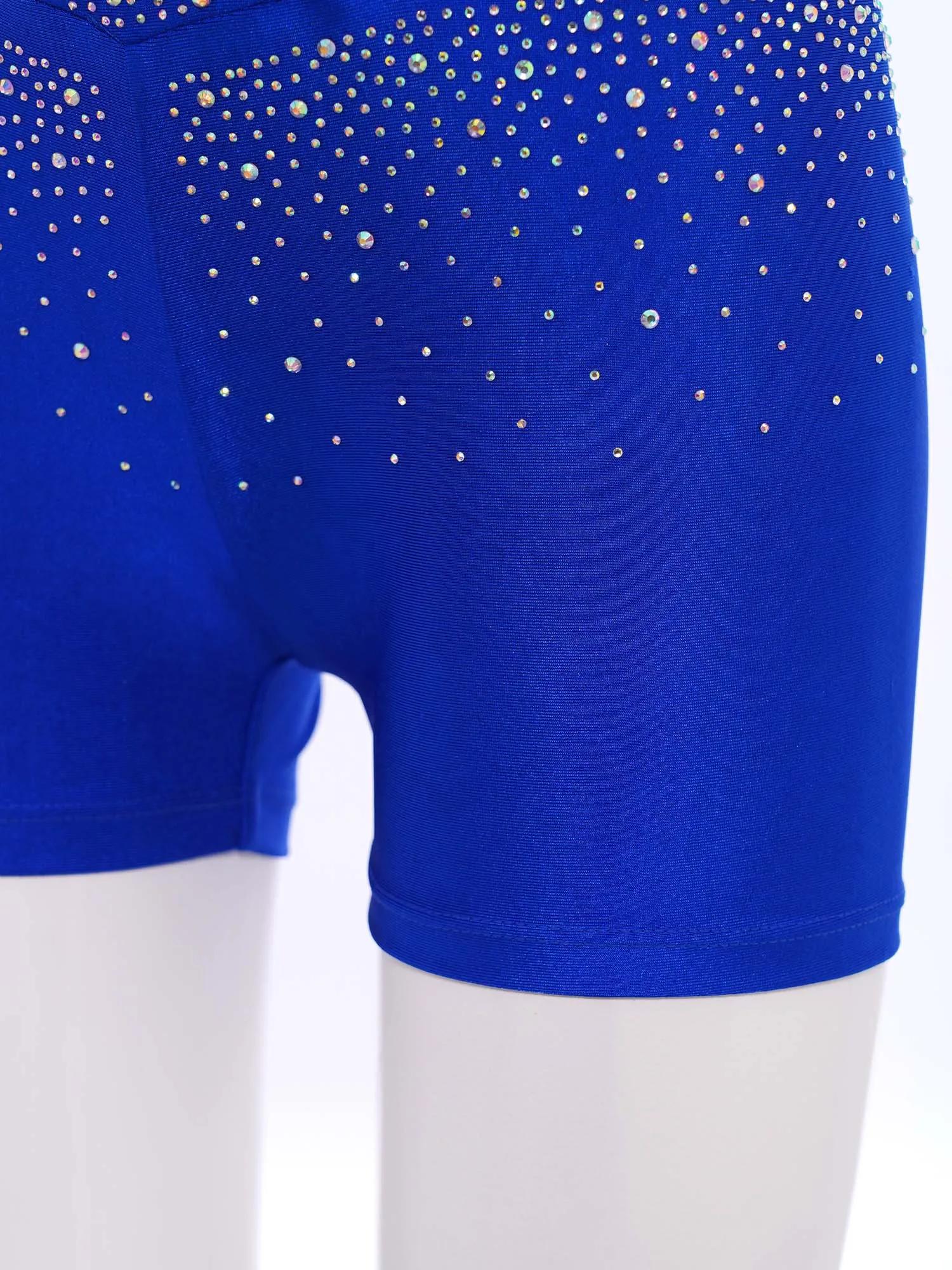 Short à ceinture élastique pour filles, strass scintillants, devant en V, pour patinage artistique, 