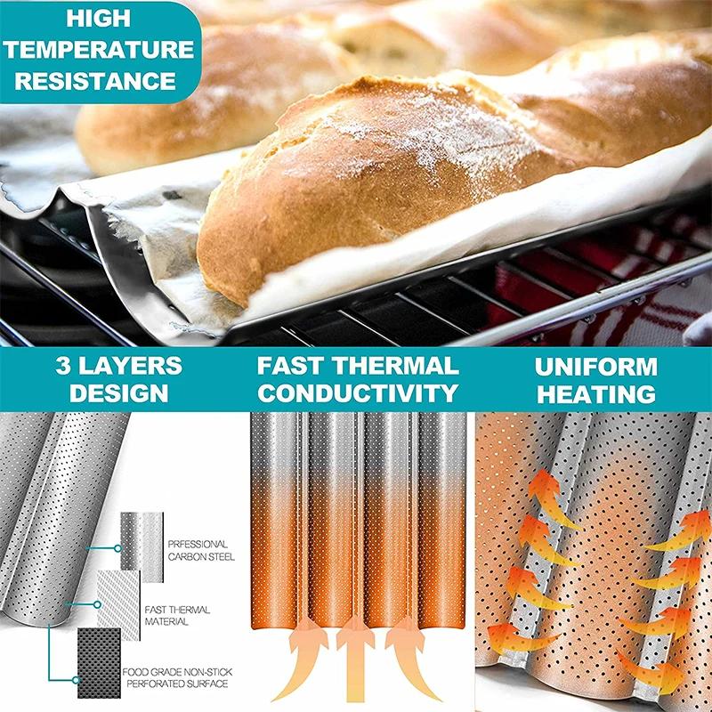 Moule à pain français perforé antiadhésif, poêle à Baguette en acier au carbone, pain français à 4 p
