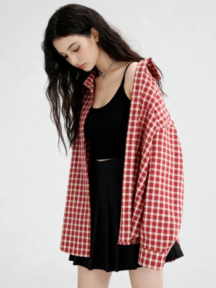 2025 Y2k automne femmes nouveau Vintage rouge Plaid col rabattu sur-chemise à manches longues Street