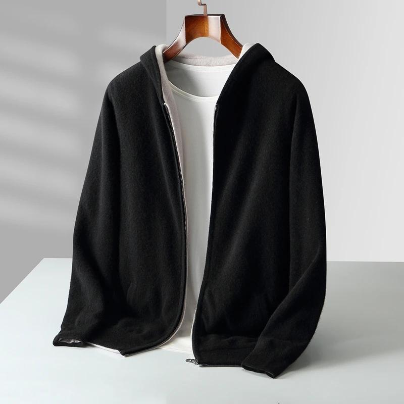 Épais à capuche hommes fermetures éclair Pure laine pull Cardigan automne hiver 100% laine tricots D