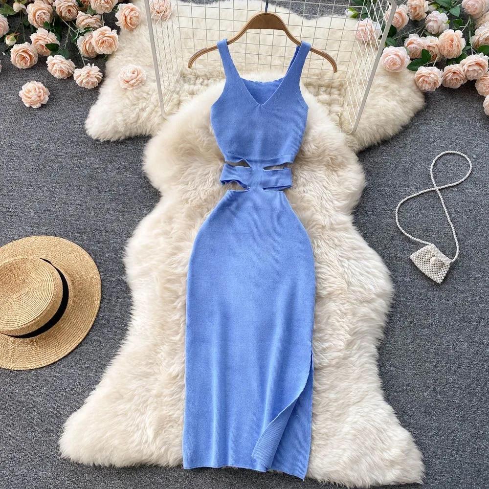 YuooMuoo femmes robe Sexy découpé taille paquet hanches fendu robe moulante été mode dame tricoté fê