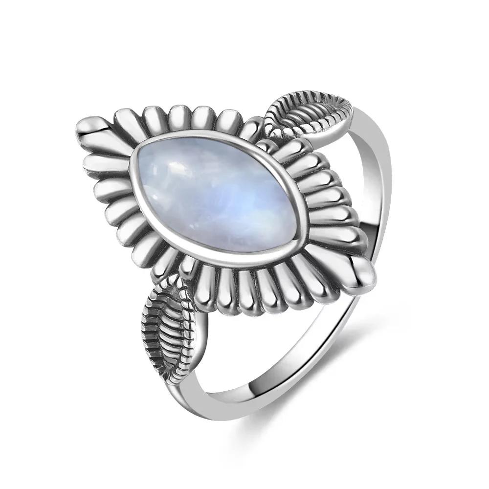 Bague Vintage en argent 925, pierre de lune naturelle, fleur, forme d'oeil creux, ronde, soleil et l