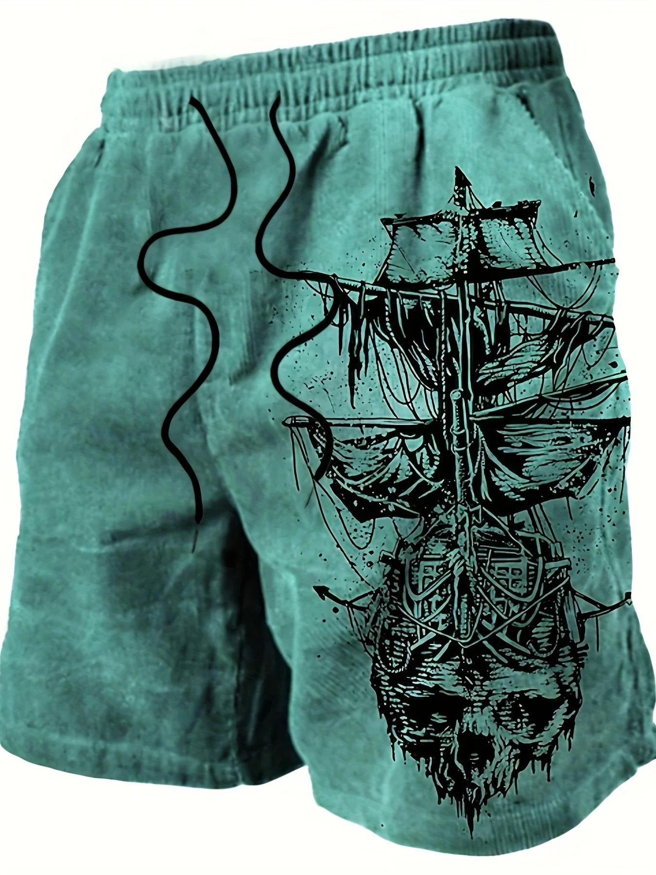Short de bain pour hommes, séchage rapide, crâne de pirate, voilier, cordon de serrage, short de pla