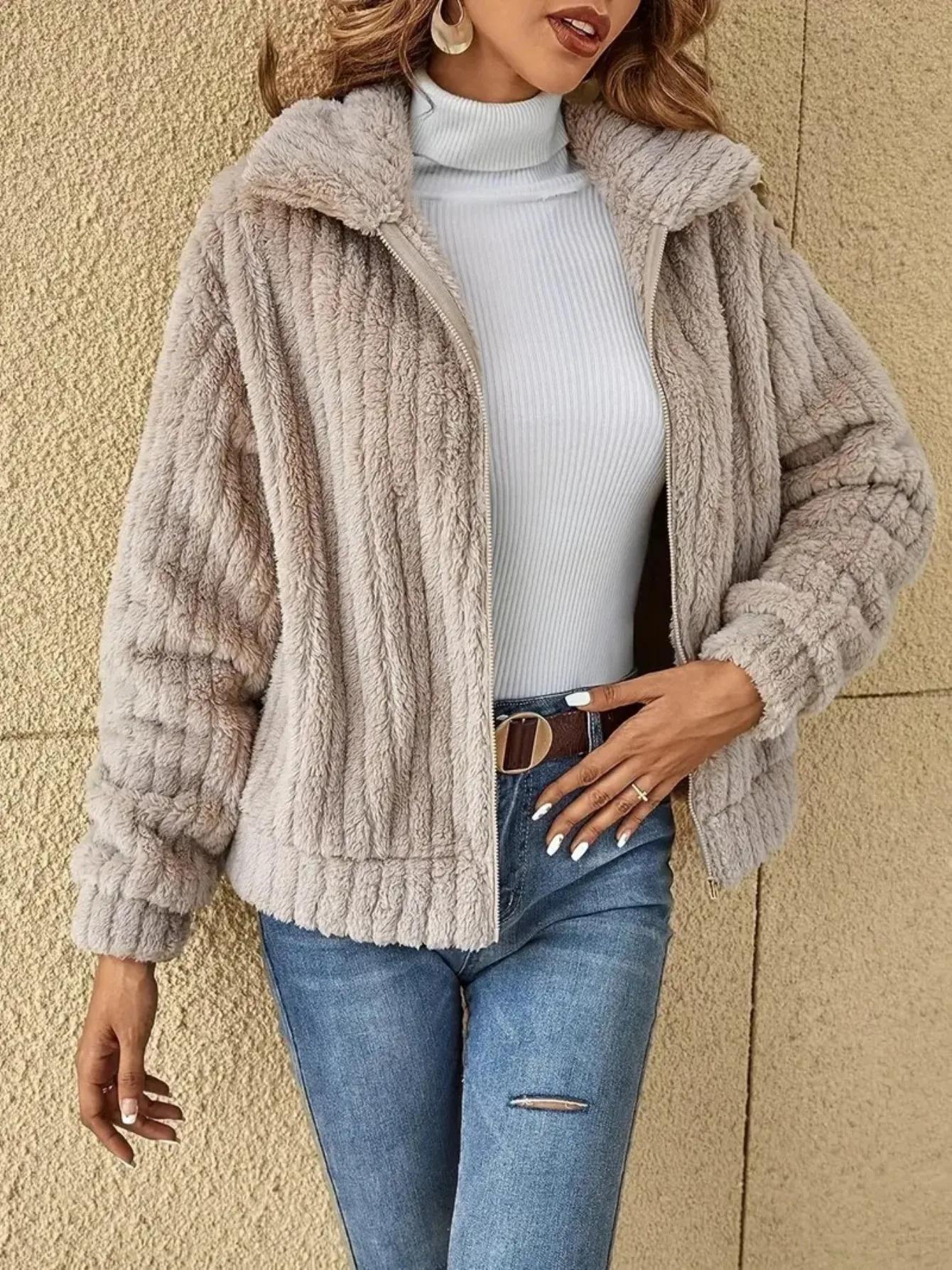 Cardigan en peluche côtelé creux 34/2000, manteau à col court, confortable et chaud, vêtements d'ext
