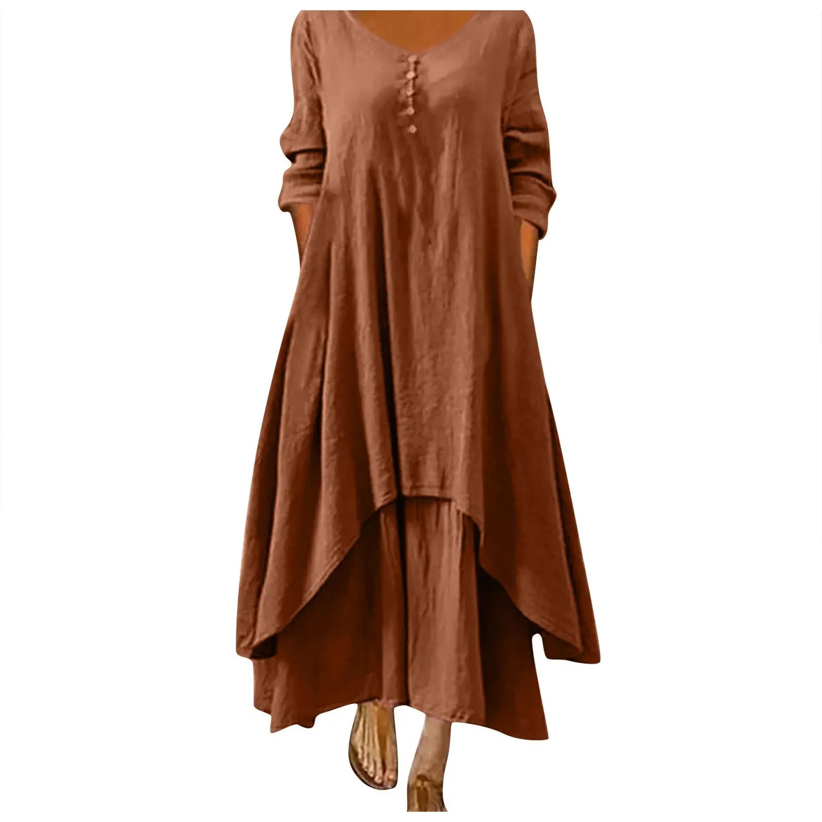 Robe longue en coton pour femmes, décontractée, à la mode, avec boutons, couleur unie, pour document