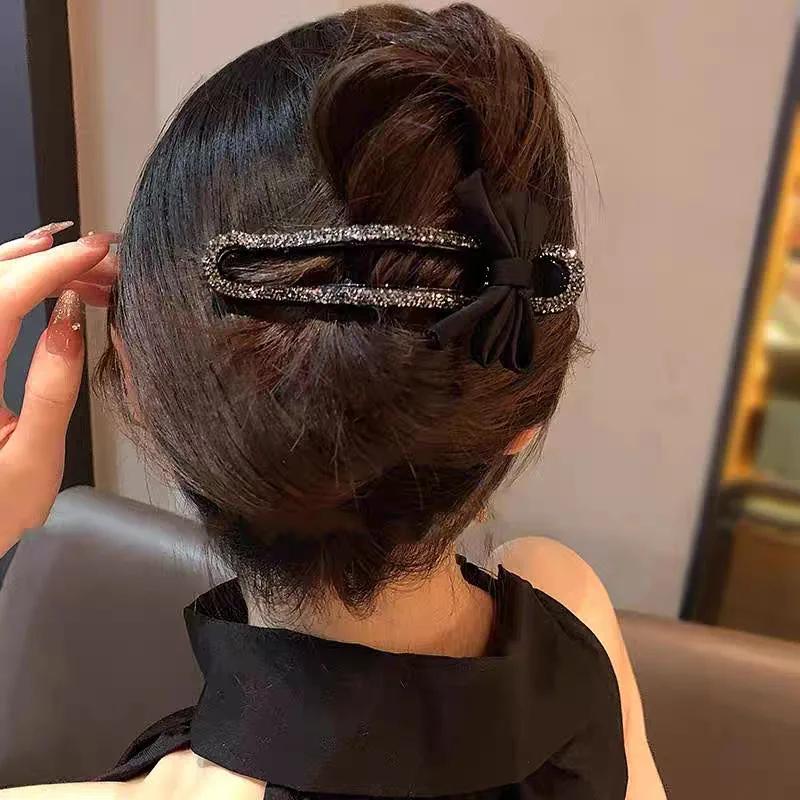 Pince à bec de canard en strass, classique, nœud noir, épingle à cheveux pratique, polyvalente, mode