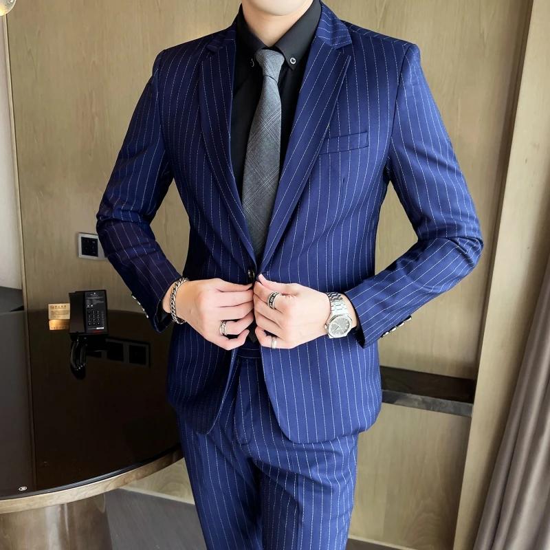 Ensemble de costume deux pièces pour hommes, coupe cintrée, de haute qualité, à rayures, pantalon et