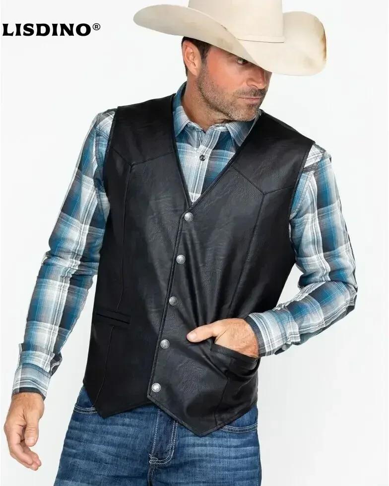 LisdinoMen doux 100% cuir gilet Snap Western hommes cadeau tenue de vacances motard informel