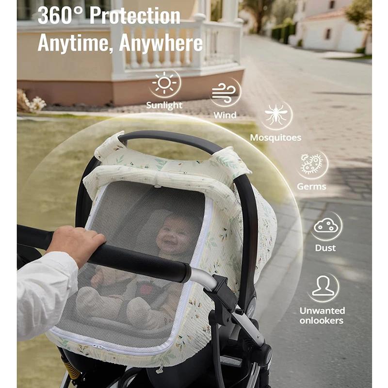 Housse de siège auto pour bébé en coton mousseline respirant avec grande fenêtre en maille, auvent d
