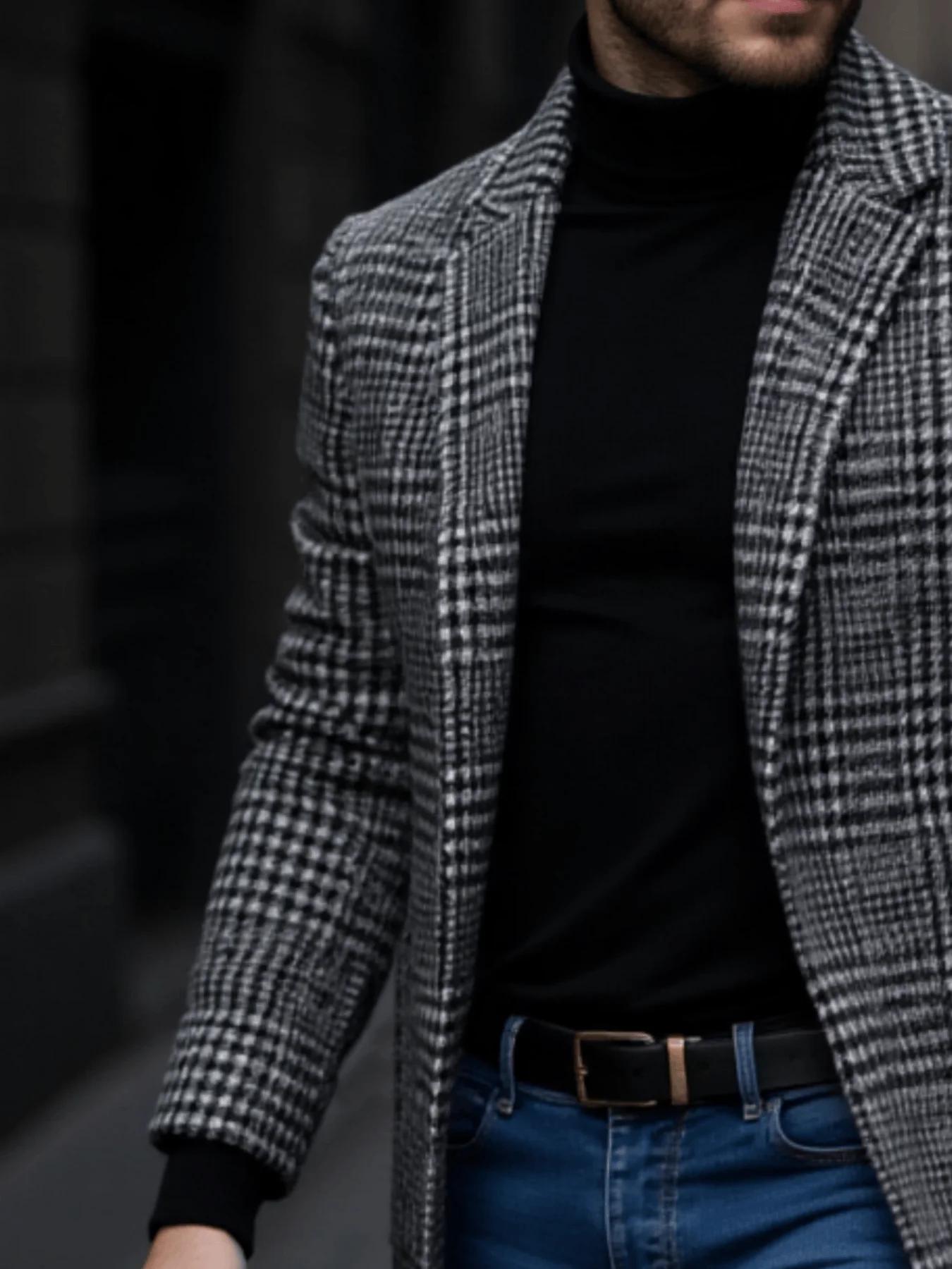 Nouveauté hommes en plein air épaissi chaud Trench manteau pied-de-poule automne hiver coupe-vent av