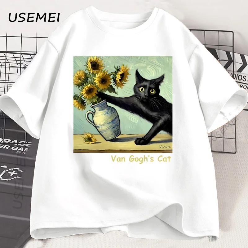 Van Gogh's chat Art impression T-shirt drôle Graphci t-shirts coton à la mode été ample à manches co