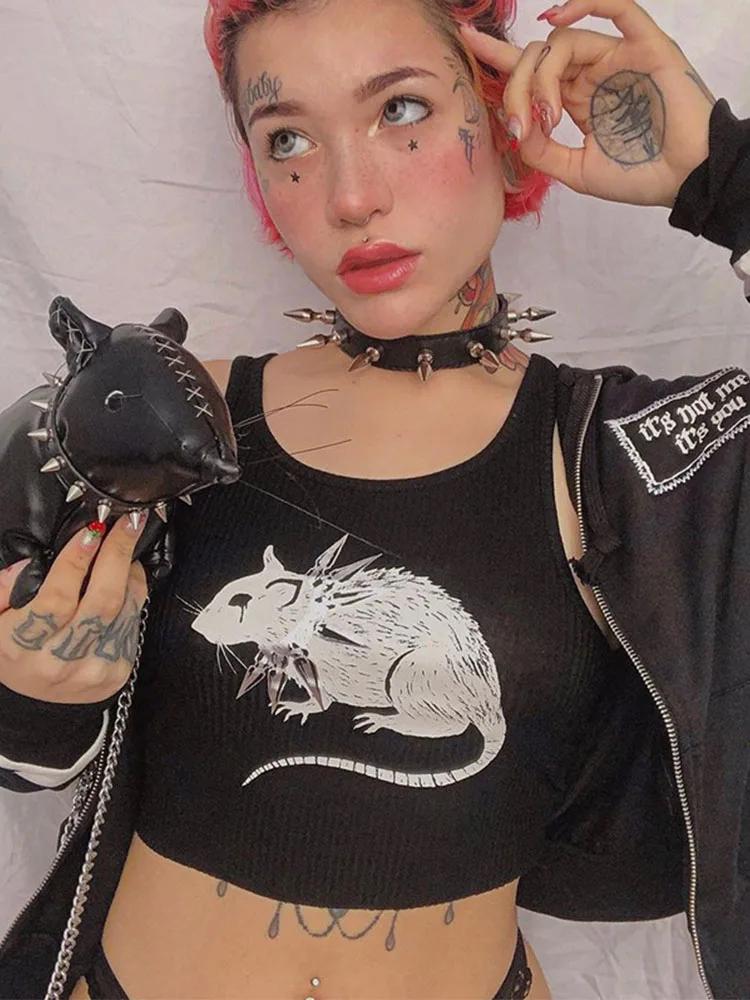 Débardeur noir imprimé souris, Goth, Sexy, moulant, hauts courts pour femmes, Streetwear, Harajuku, 