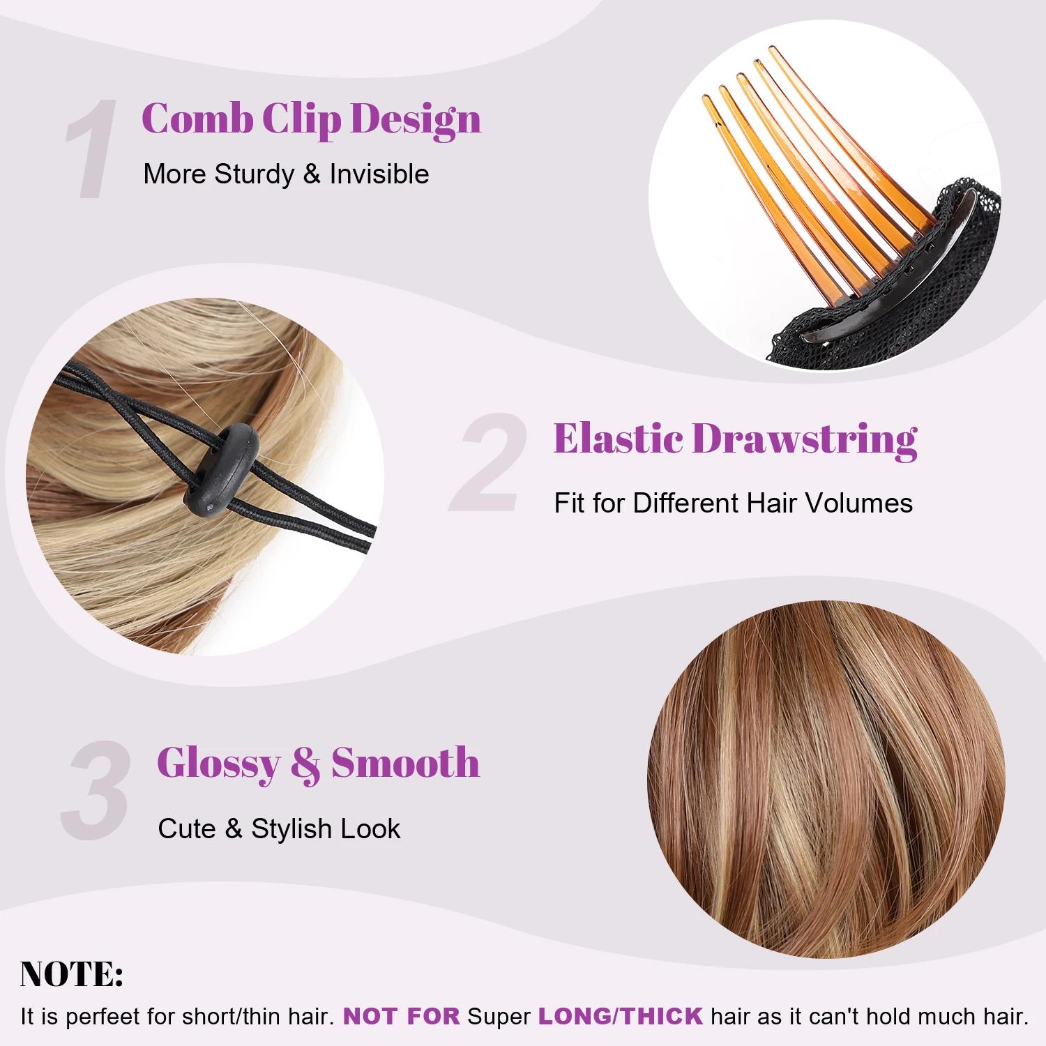 Chignon synthétique postiche entièrement court queue de cheval Chignon brun mélange blond Chignon av