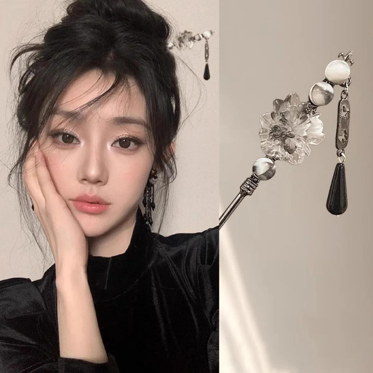 Épingle à cheveux à fleurs de Style néo-chinois, bâton de cheveux à pampilles de fleurs colorées pou