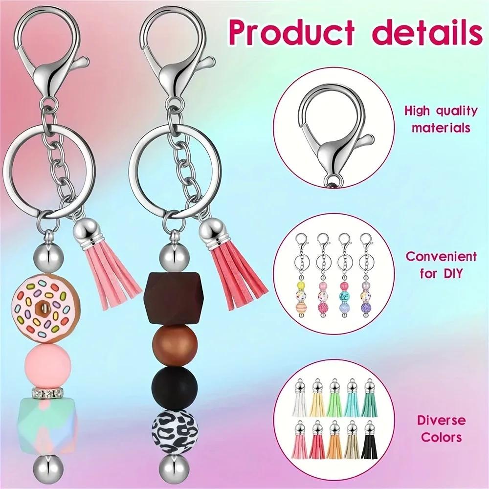 Porte-clés perlé, barres vierges, bandes colorées en cuir, pompon ample pour bricolage, pendentif, b