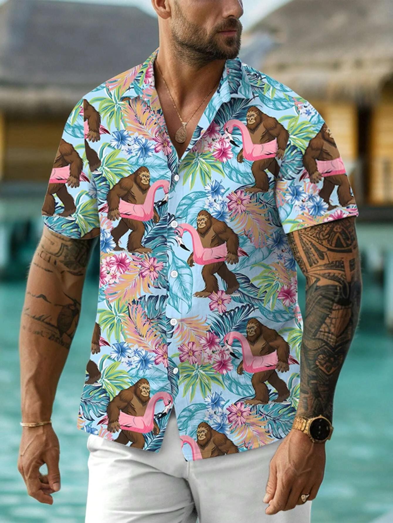 Chemise à manches courtes imprimée Allover pour hommes, col rabattu, fermeture à bouton complet sur 